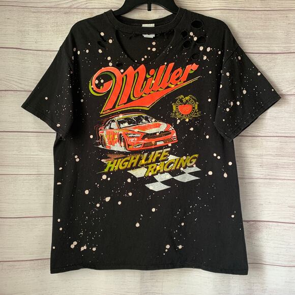 Junk Food Tees Black Miller High Life Racing T-shirt Cutout Keyhole Neck Size M - Picture 1 of 16